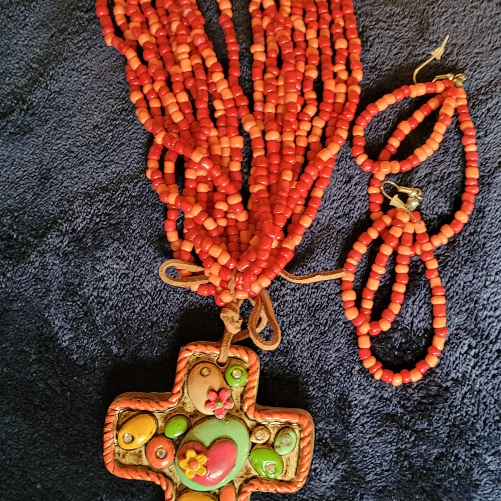 Multicolor Beaded Necklace with Cross Pendant